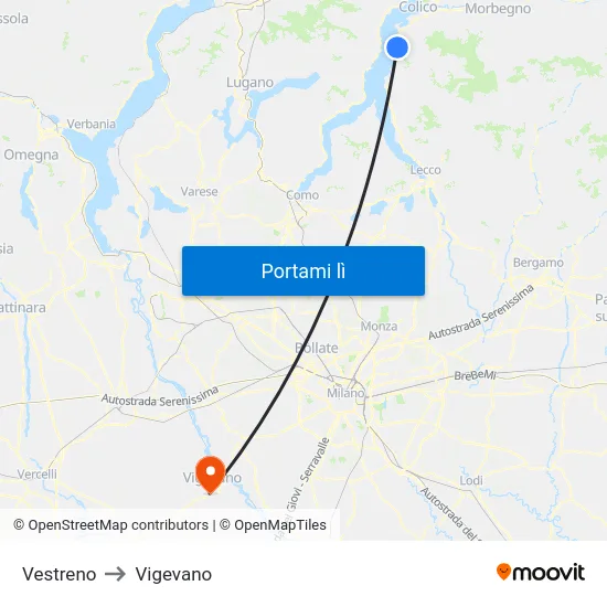 Vestreno to Vigevano map