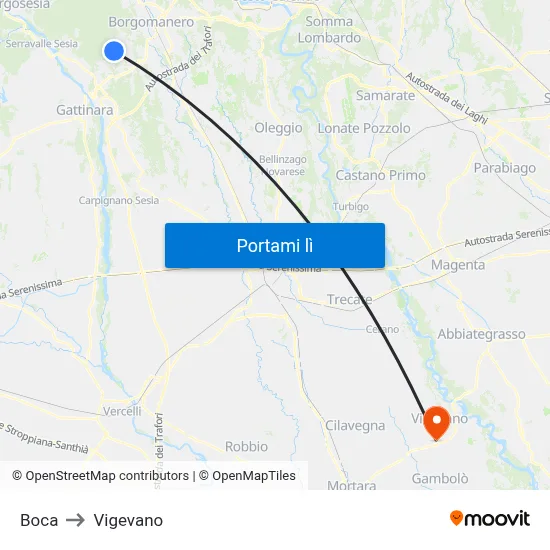 Boca to Vigevano map