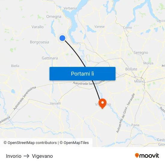 Invorio to Vigevano map