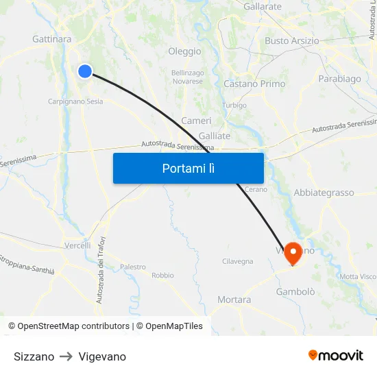 Sizzano to Vigevano map