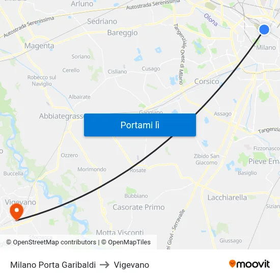 Milano Porta Garibaldi to Vigevano map