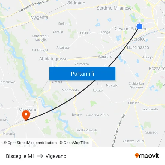 Bisceglie M1 to Vigevano map