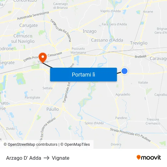 Arzago D' Adda to Vignate map