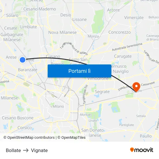 Bollate to Vignate map