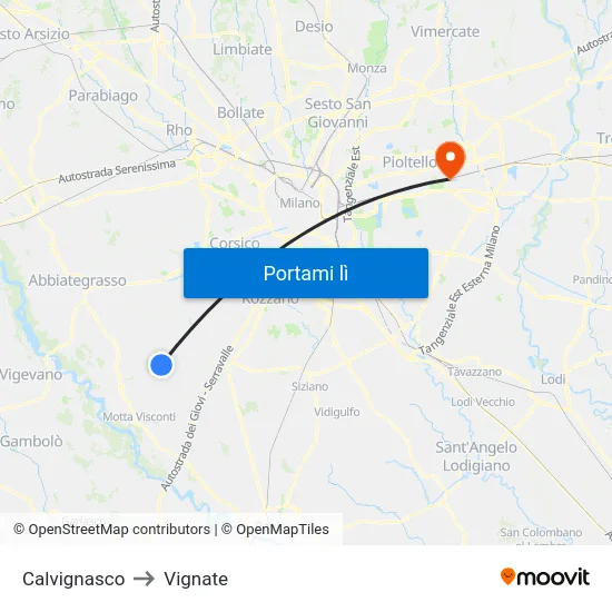 Calvignasco to Vignate map