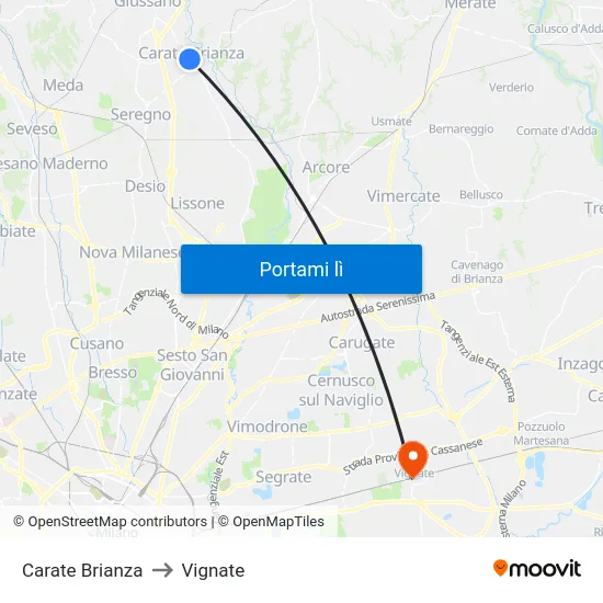Carate Brianza to Vignate map