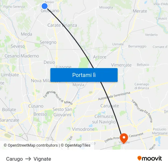 Carugo to Vignate map