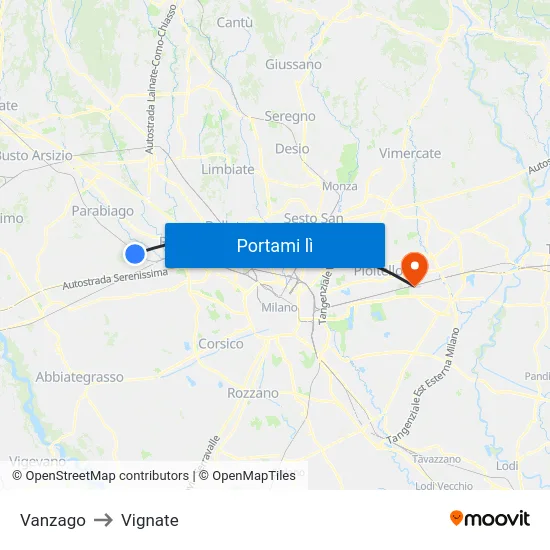 Vanzago to Vignate map