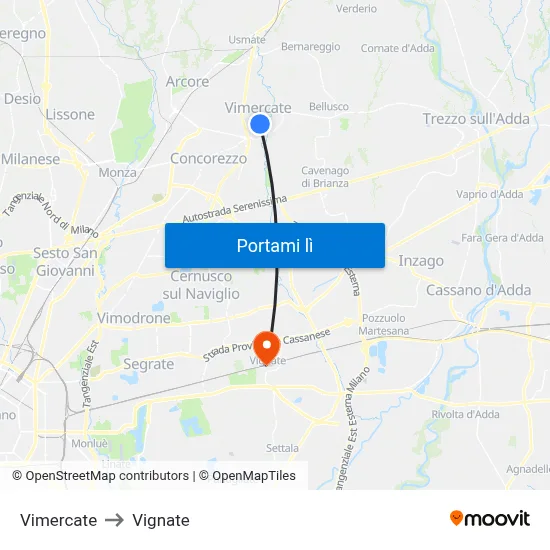Vimercate to Vignate map