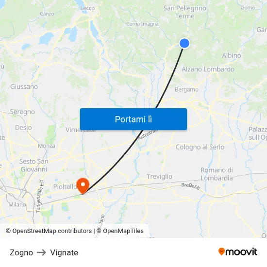 Zogno to Vignate map