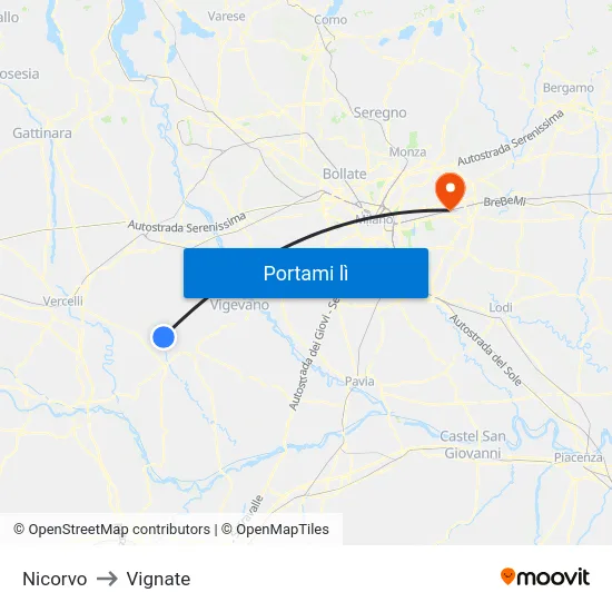 Nicorvo to Vignate map