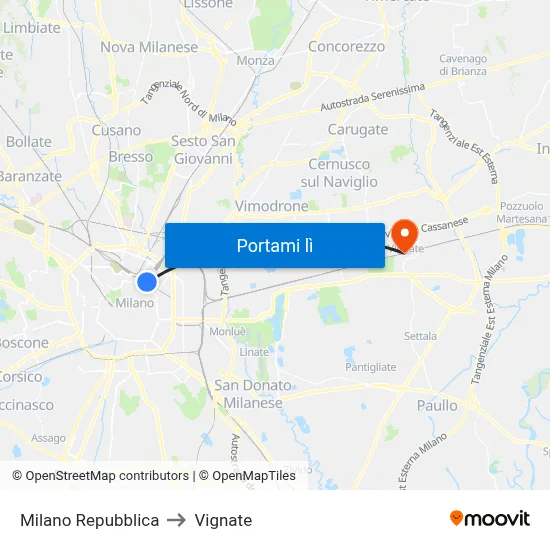 Milano Repubblica to Vignate map