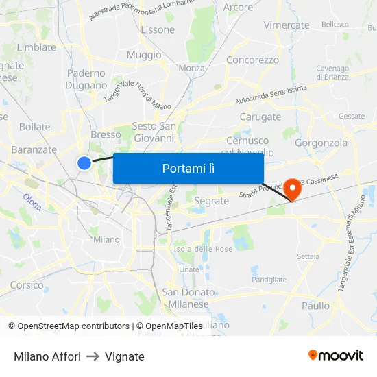 Milano Affori to Vignate map
