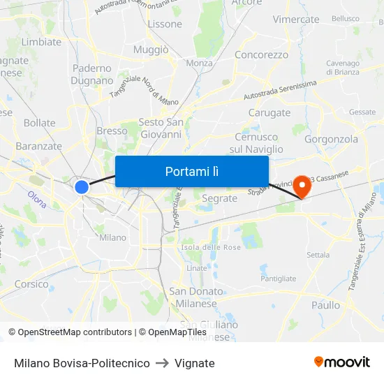 Milano Bovisa-Politecnico to Vignate map