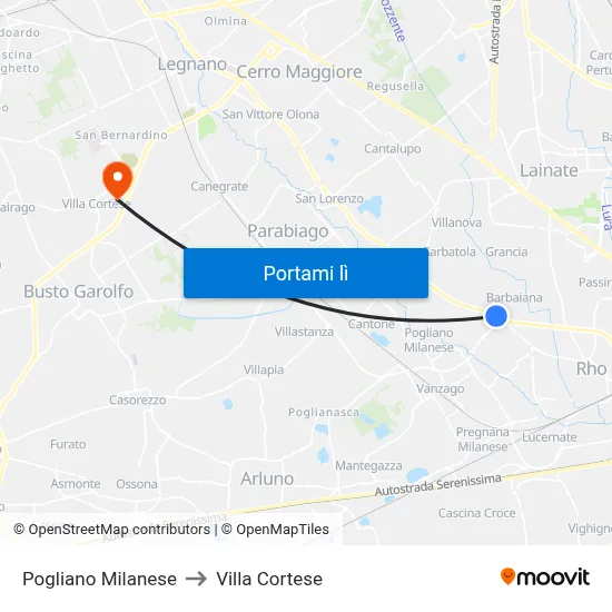 Pogliano Milanese to Villa Cortese map