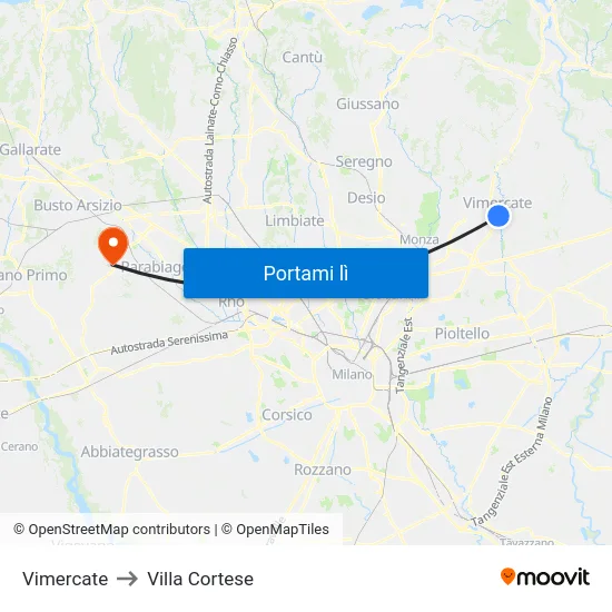 Vimercate to Villa Cortese map