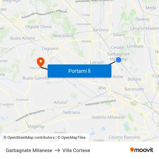 Garbagnate Milanese to Villa Cortese map