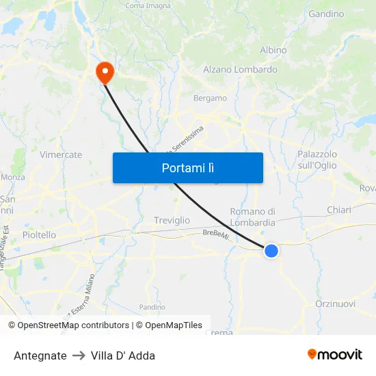 Antegnate to Villa D' Adda map