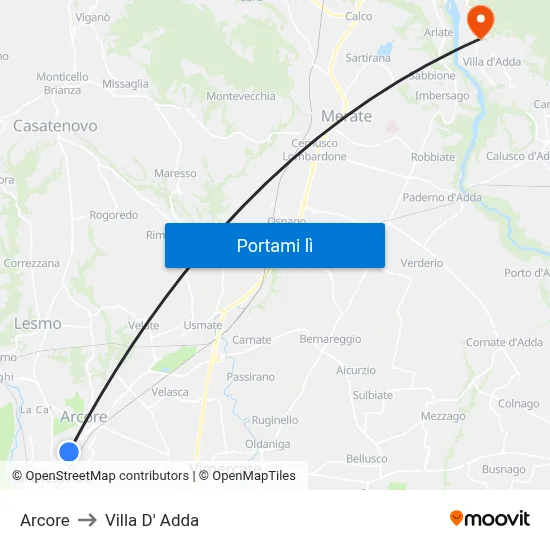Arcore to Villa D' Adda map