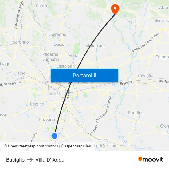Basiglio to Villa D' Adda map