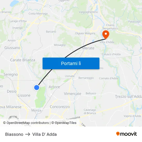 Biassono to Villa D' Adda map
