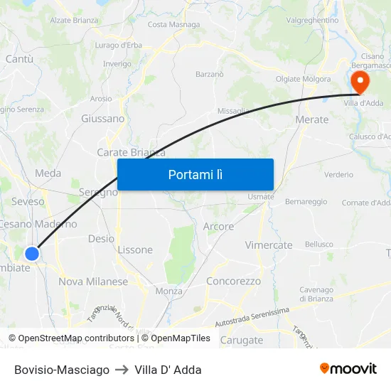 Bovisio-Masciago to Villa D' Adda map