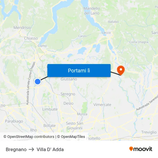 Bregnano to Villa D' Adda map