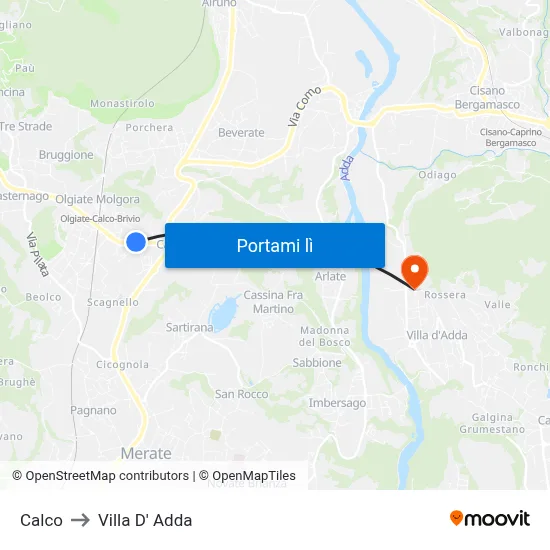 Calco to Villa D' Adda map