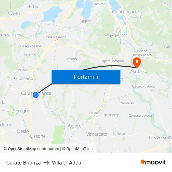 Carate Brianza to Villa D' Adda map