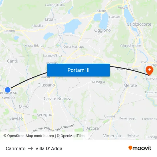 Carimate to Villa D' Adda map
