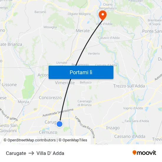 Carugate to Villa D' Adda map