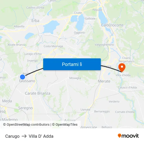 Carugo to Villa D' Adda map