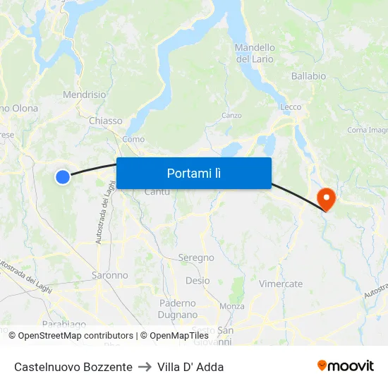 Castelnuovo Bozzente to Villa D' Adda map