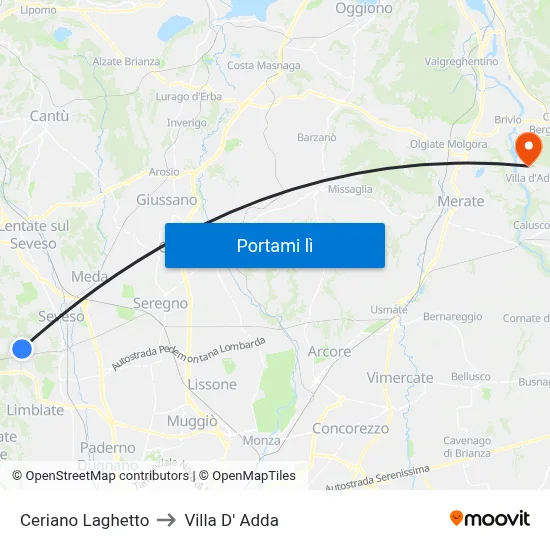 Ceriano Laghetto to Villa D' Adda map