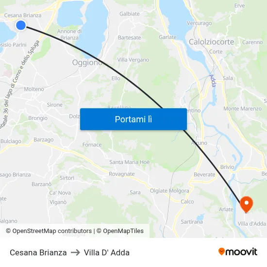 Cesana Brianza to Villa D' Adda map