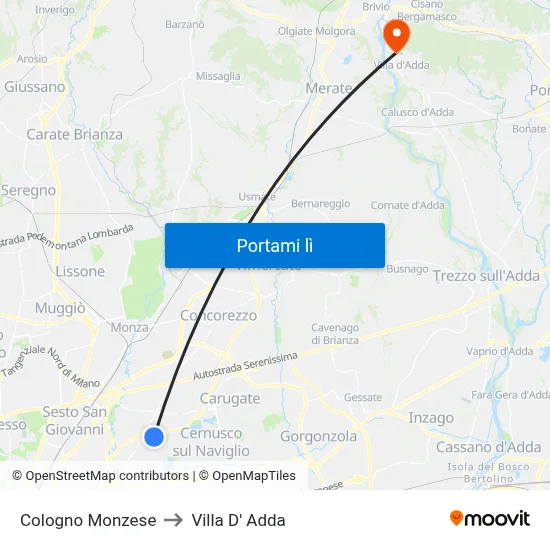 Cologno Monzese to Villa D' Adda map