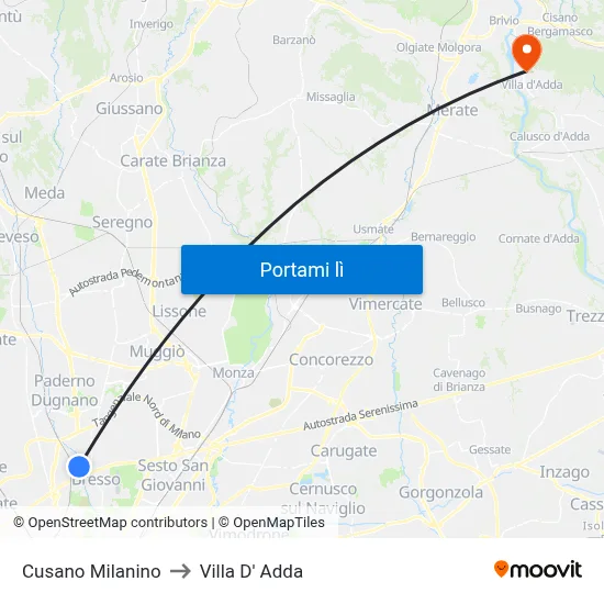 Cusano Milanino to Villa D' Adda map