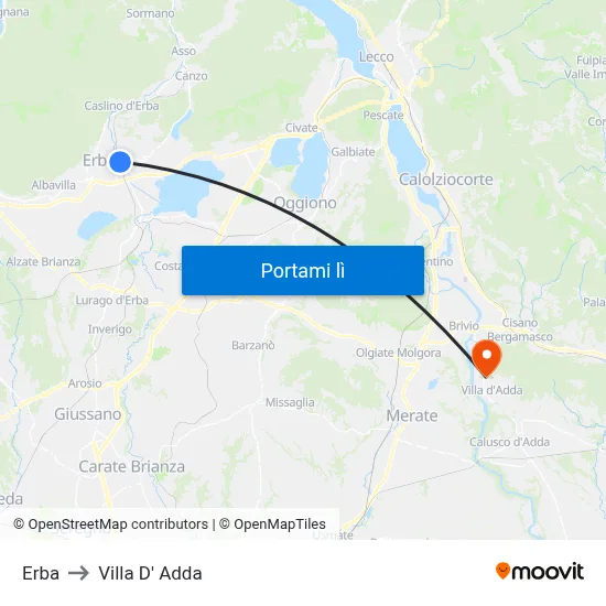 Erba to Villa D' Adda map