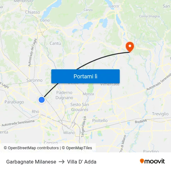 Garbagnate Milanese to Villa D' Adda map