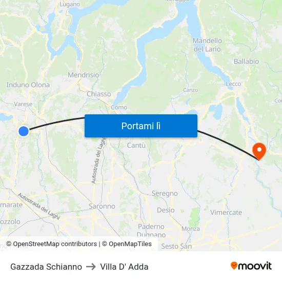 Gazzada Schianno to Villa D' Adda map