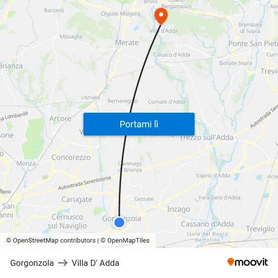 Gorgonzola to Villa D' Adda map
