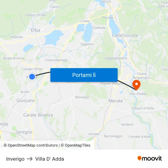 Inverigo to Villa D' Adda map