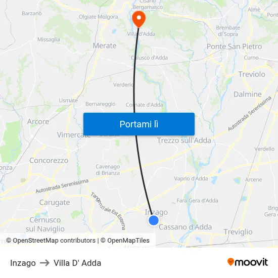 Inzago to Villa D' Adda map