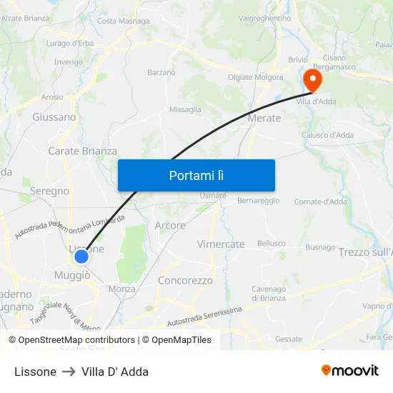 Lissone to Villa D' Adda map