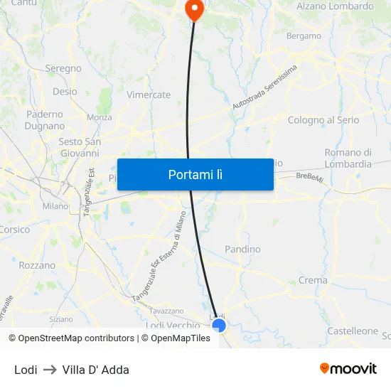 Lodi to Villa D' Adda map