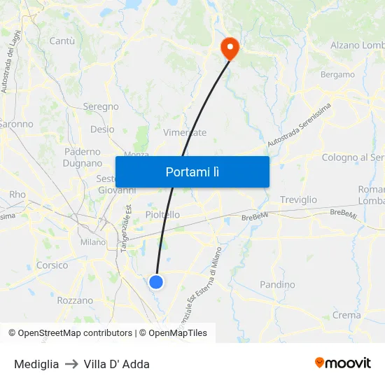 Mediglia to Villa D' Adda map