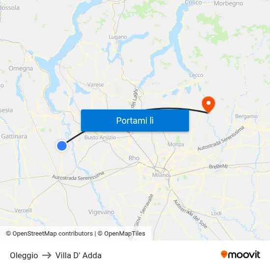 Oleggio to Villa D' Adda map