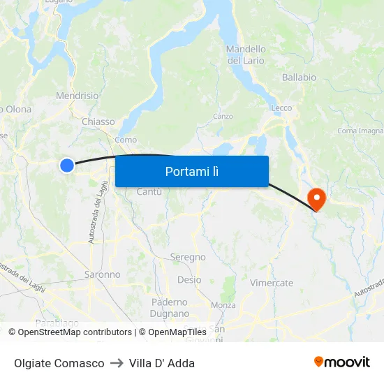 Olgiate Comasco to Villa D' Adda map