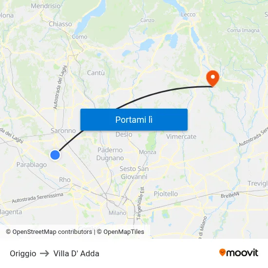 Origgio to Villa D' Adda map