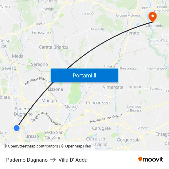Paderno Dugnano to Villa D' Adda map